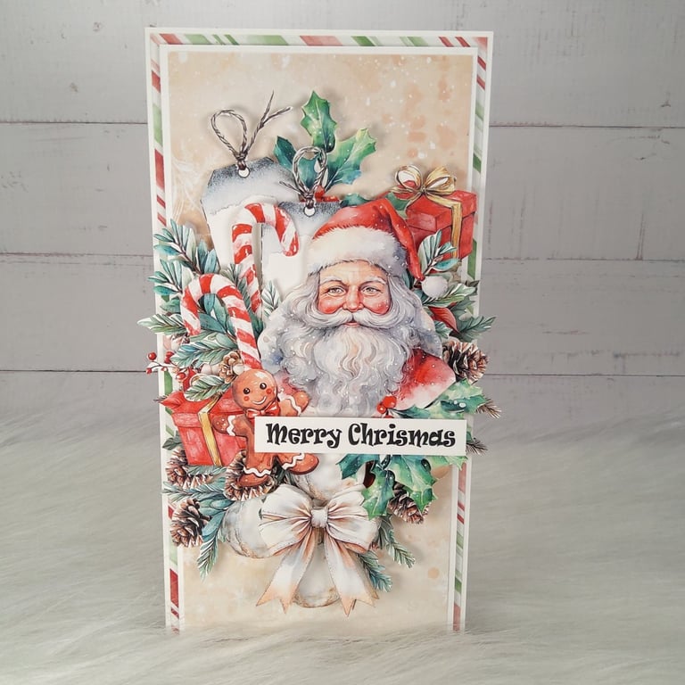 Handmade Christmas Card with Santa (3) Traditional Festive 3D Greeting Card. 