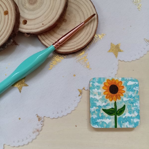 Wooden square shaped sunflower floral fridge magnet 