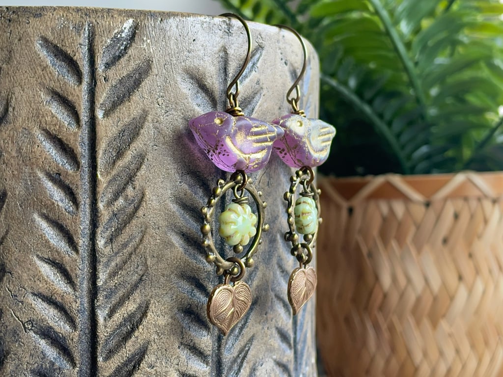 Lilac Czech Glass Bird Earrings with Sage Flower Beads & Brass Leaf Charms