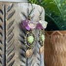 Lilac Czech Glass Bird Earrings with Sage Flower Beads & Brass Leaf Charms