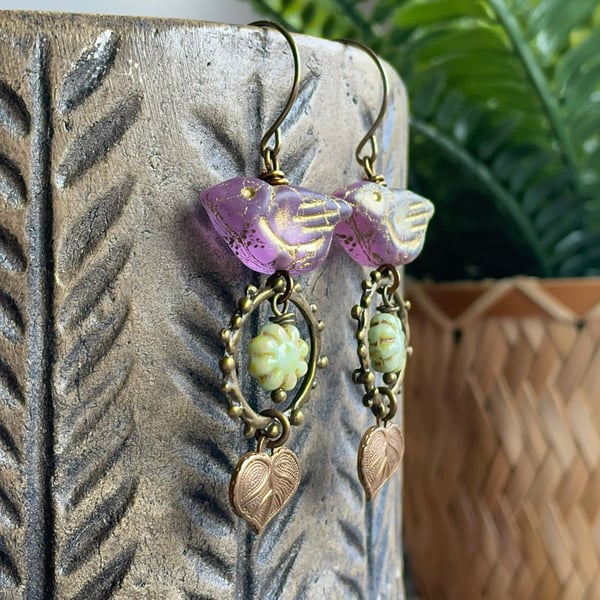 Lilac Czech Glass Bird Earrings with Sage Flower Beads & Brass Leaf Charms