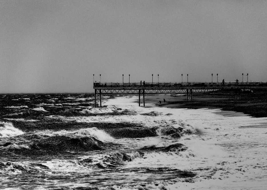 Picture Skegness Beach and Pier, Raging Sea black and white print, photo