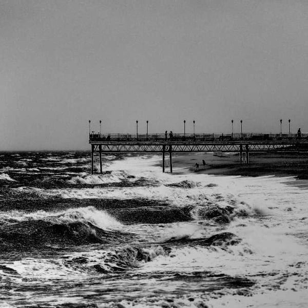 Picture Skegness Beach and Pier, Raging Sea black and white print, photo