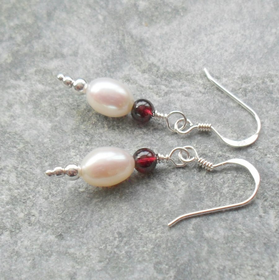 Sterling Silver Freshwater pearl and Garnet Earrings