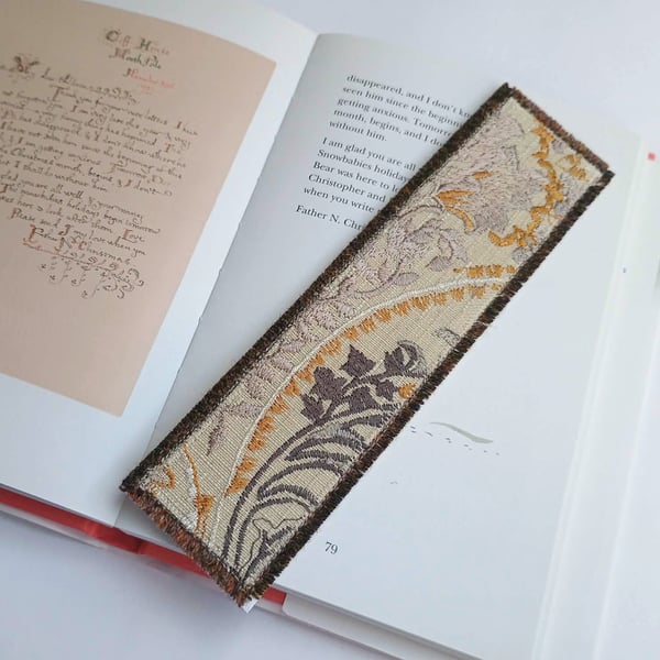 Textile bookmark - golden brown embroidered curtain, wool and velvet fabrics