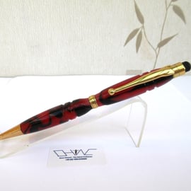 Red Multi Coloured Acrylic Ball Point Stylus Pen with Velvet Pouch. Hand Made