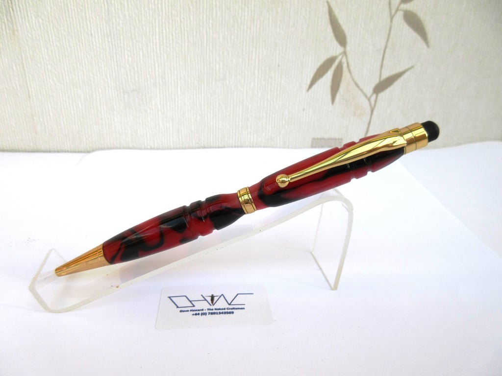 Red Multi Coloured Acrylic Ball Point Stylus Pen with Velvet Pouch. Hand Made