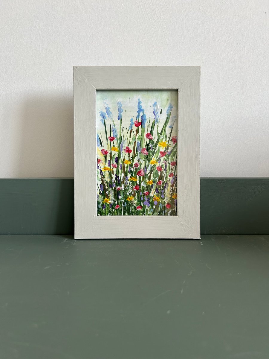 Summer Wildflowers Palette Knife Painting in Upcycled Wooden Frame