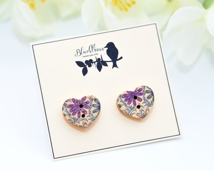 Heart Shaped Wooden Button Earrings