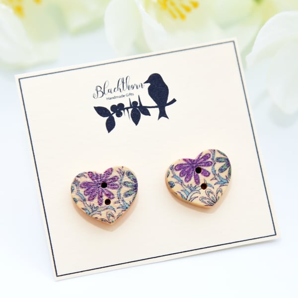 Heart Shaped Wooden Button Earrings