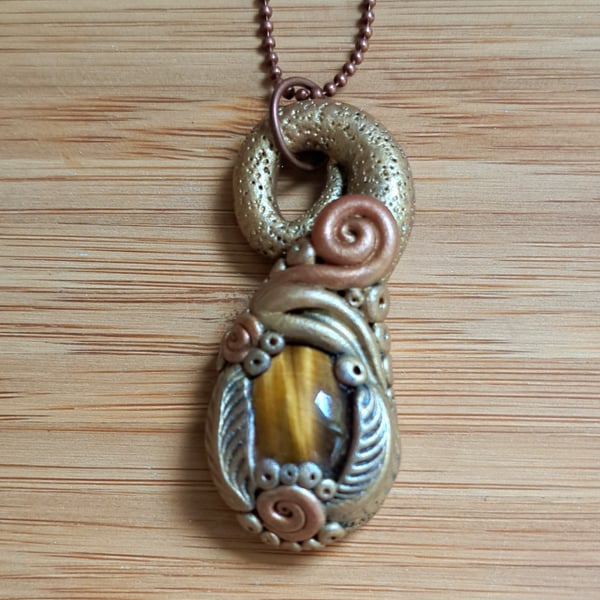 Tiger's Eye Crystal and Polymer Clay Amulet Pendant 