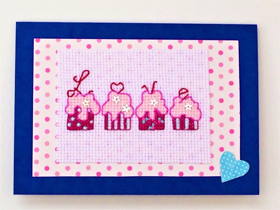 Cup cake cross stitch card with 'Love' quote and sequin detail
