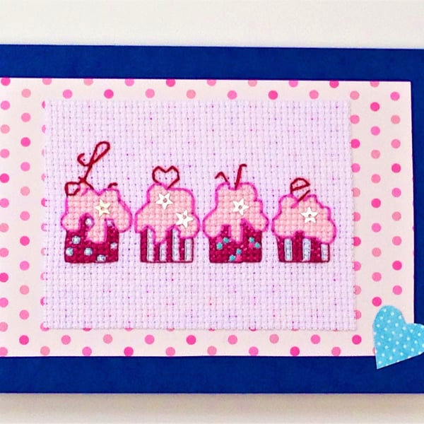 Cup cake cross stitch card with 'Love' quote and sequin detail