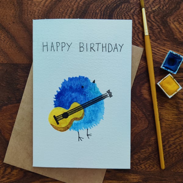 Handmade Blue Bird Playing Guitar Birthday Card – Musical Bird Watercolour Card 