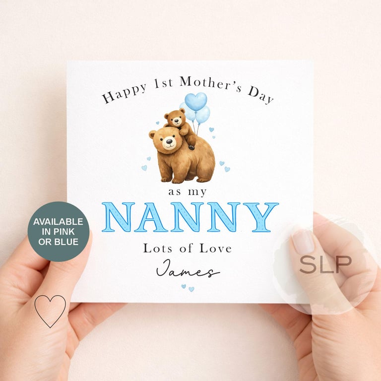 Personalised Nanny Mother's Day Card Cute Bear Grandma Card Pink or Blue