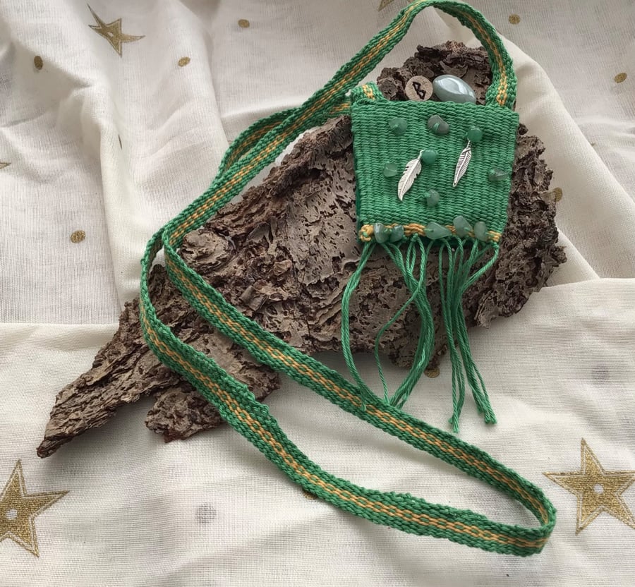 Handwoven Talisman Pouch with Aventurine crystals and a Hazel rune