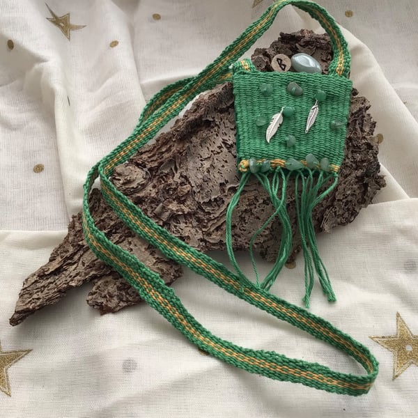 Handwoven Talisman Pouch with Aventurine crystals and a Hazel rune