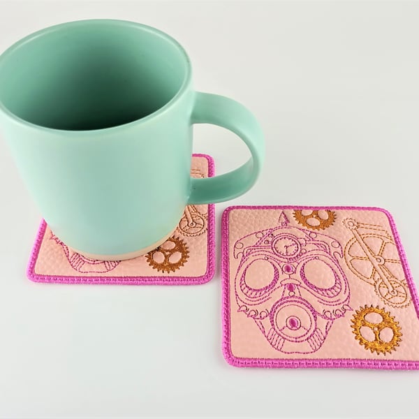 Steampunk Coasters - Set of 2 pink steam punk coasters on pink faux leather