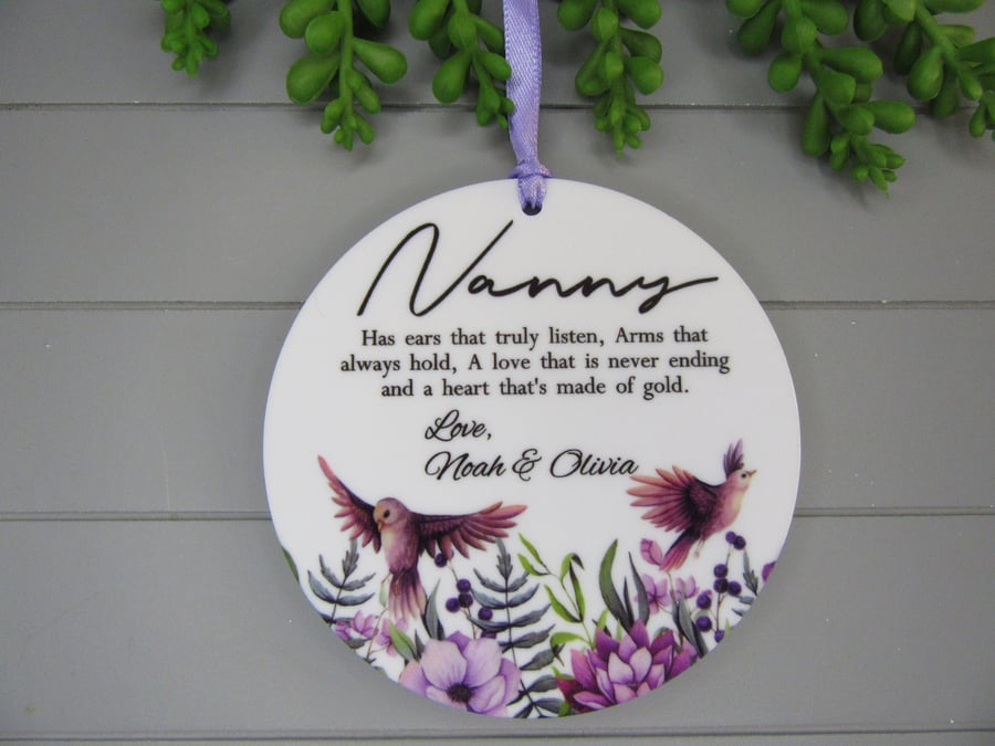 Personalised Nanny Mother's Day Gift, Purple Birds Keepsake, Mum, Grandma etc