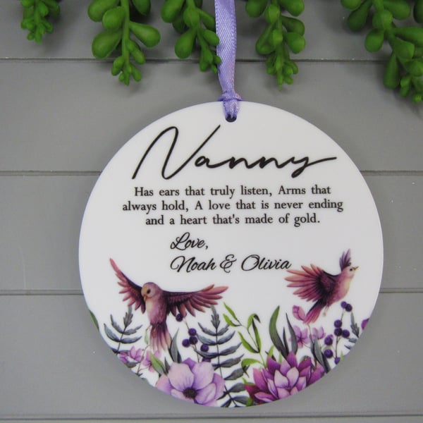 Personalised Nanny Mother's Day Gift, Purple Birds Keepsake, Mum, Grandma etc