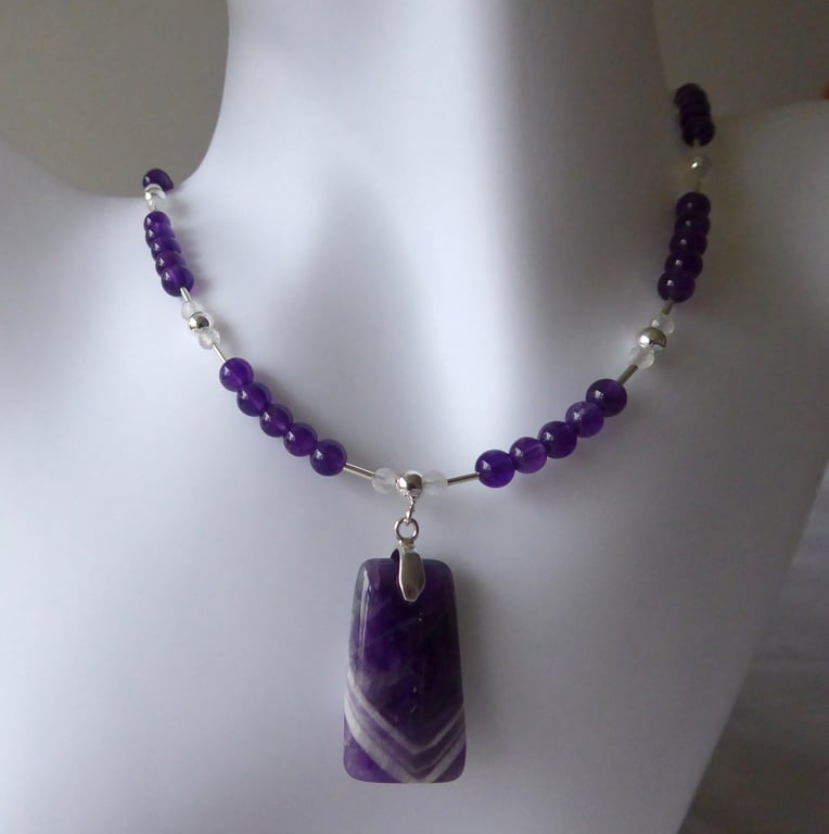 Chevron Amethyst Beaded Necklace with Sterling Silver - February Birthstone