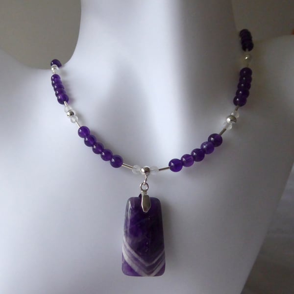Chevron Amethyst Beaded Necklace with Sterling Silver - February Birthstone