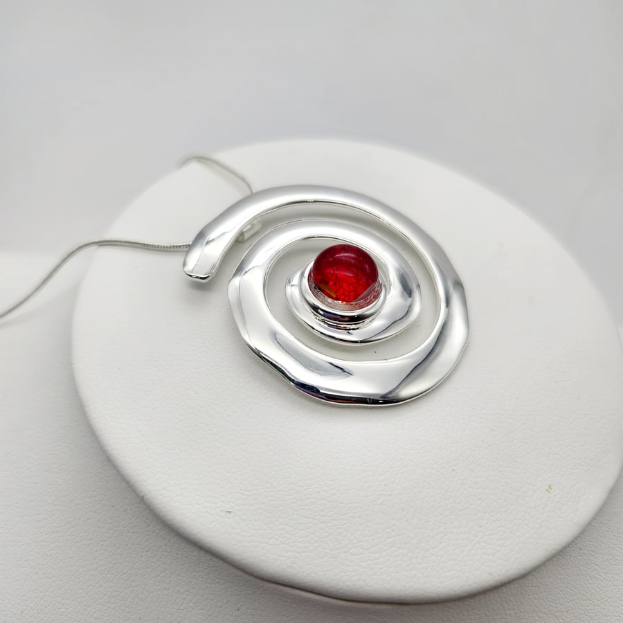 Fused Glass Swirl Pendant with Red Cabochon