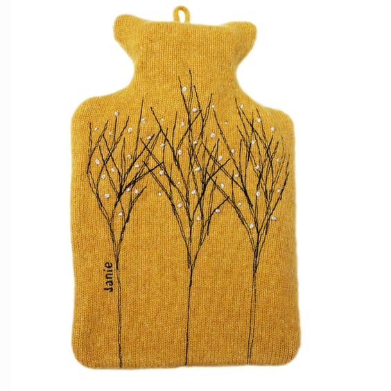 Treeline embroidered Gold merino wool 1 litre hot water bottle