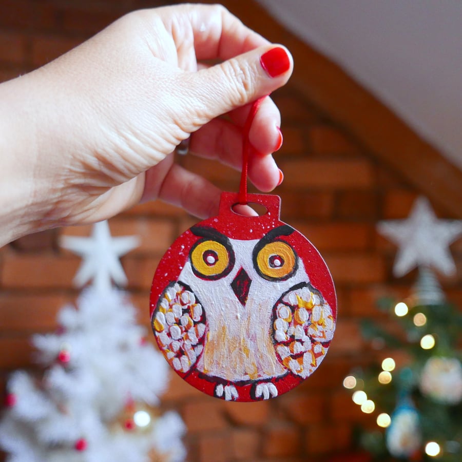 Red Owl Decoration, Christmas Ornament, Woodland Animal, Bird Illustration 