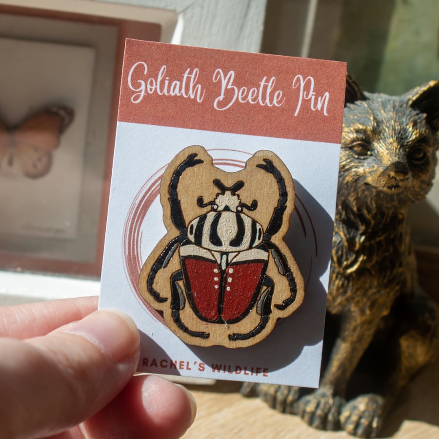 Goliath Beetle Wooden Pin Badge – Hand-Painted Insect Brooch for Nature Lovers