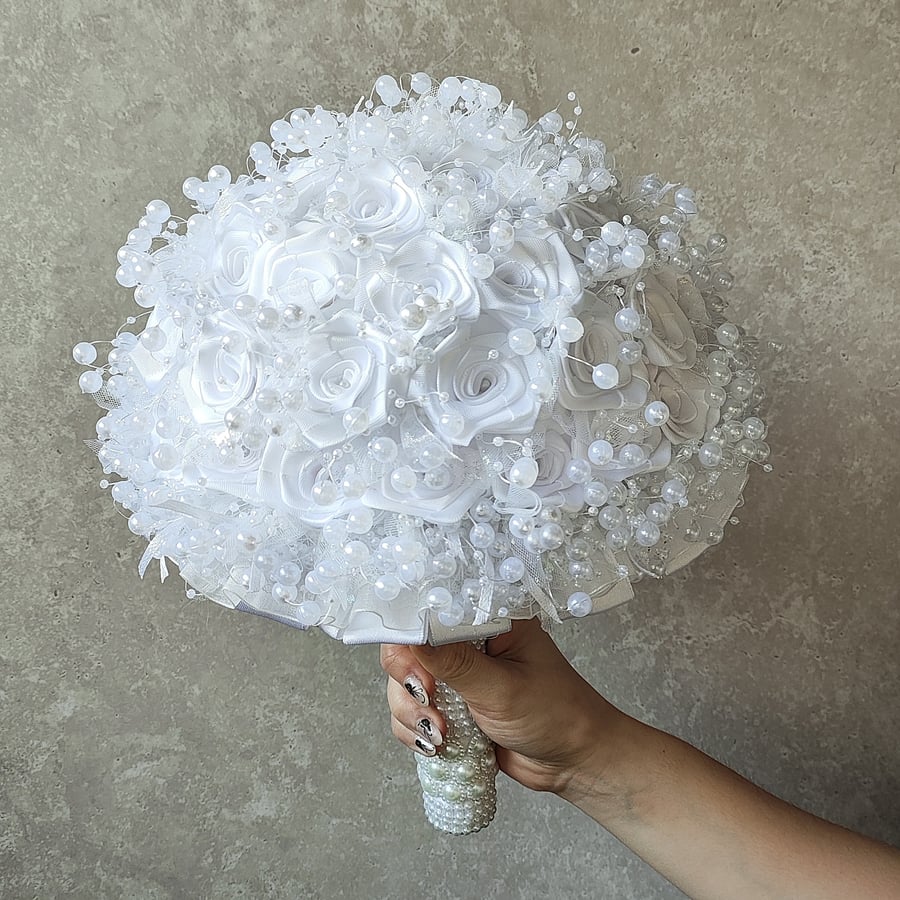 Unique White Satin Roses & Pearl Bridal Large Wedding Bouquet