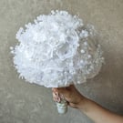 Unique White Satin Roses & Pearl Bridal Large Wedding Bouquet