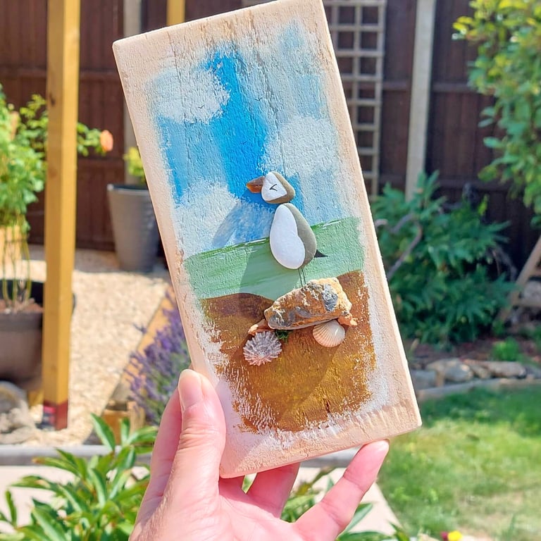 Handmade Puffin Wall Art, Coastal Pebble Picture, One-of-a-Kind Beach House Gift
