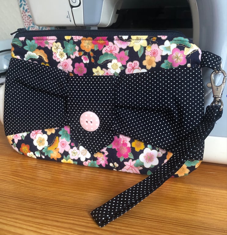 Hand made floral bag with detachable wrist strap