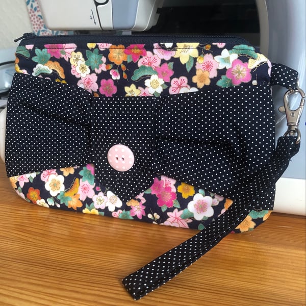 Hand made floral bag with detachable wrist strap