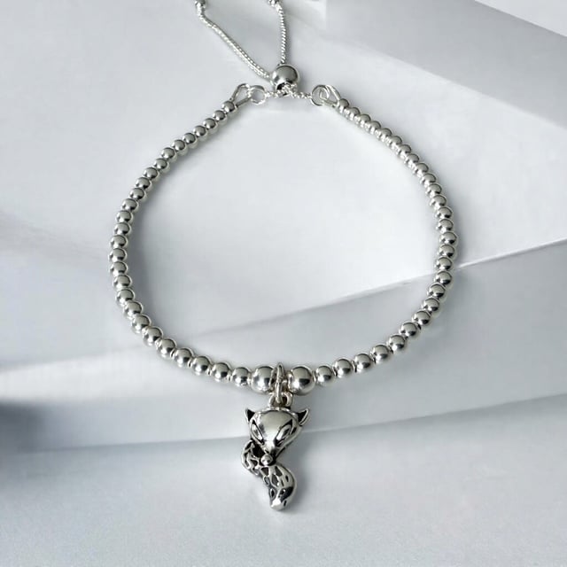 Sterling Silver Fox Charm Bracelet, Adjustable Slider Clasp Beaded Bracelet