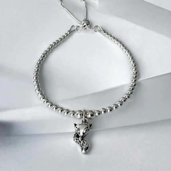 Sterling Silver Fox Charm Bracelet, Adjustable Slider Clasp Beaded Bracelet