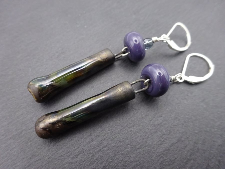 sterling silver lever back earrings, purple lampwork glass jewellery