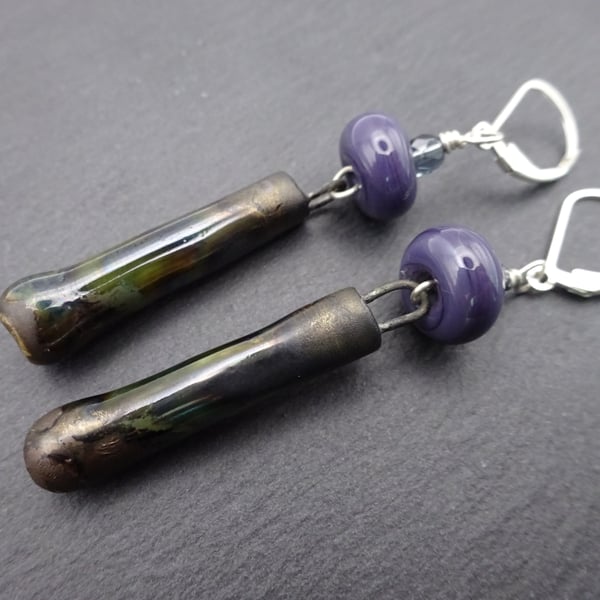 sterling silver lever back earrings, purple lampwork glass jewellery