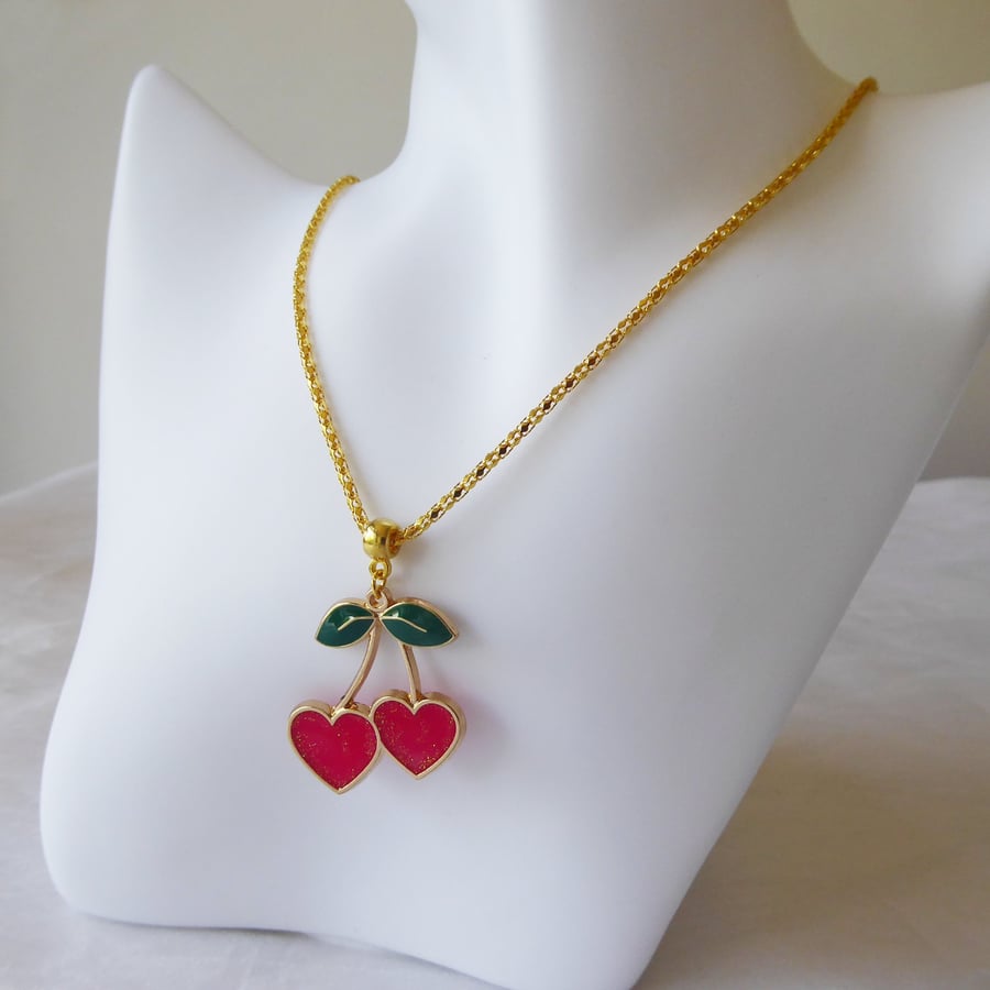 Heart Shaped Cherries Enamelled Pendant with gold plated Chain