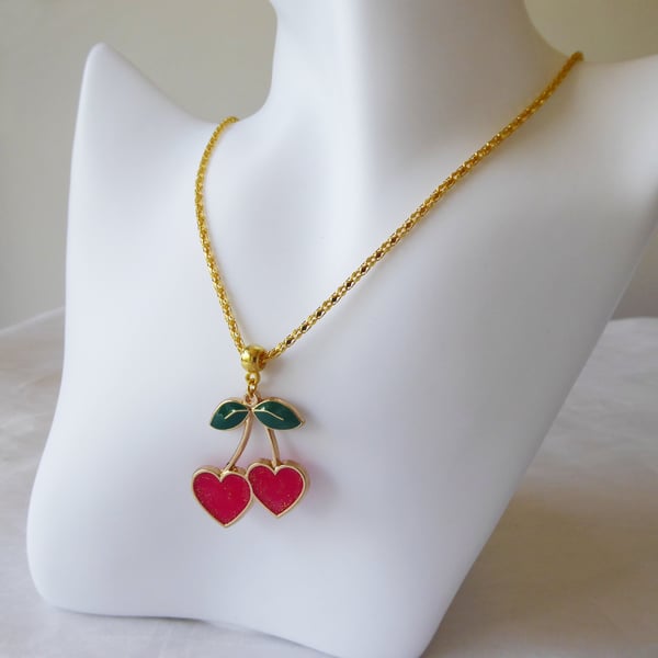 Heart Shaped Cherries Enamelled Pendant with gold plated Chain