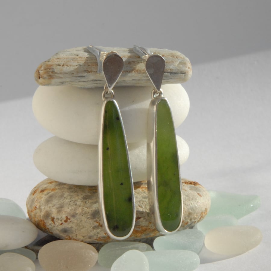 New Zealand Green Jade and silver drop stud earrings - highly polished