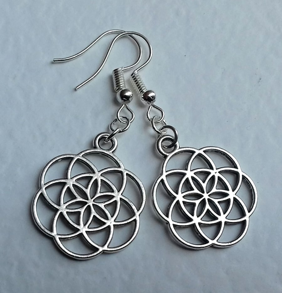 Silver Plate Flower of Life Sacred Geometry Mandala Drop Dangle Earrings Pagan