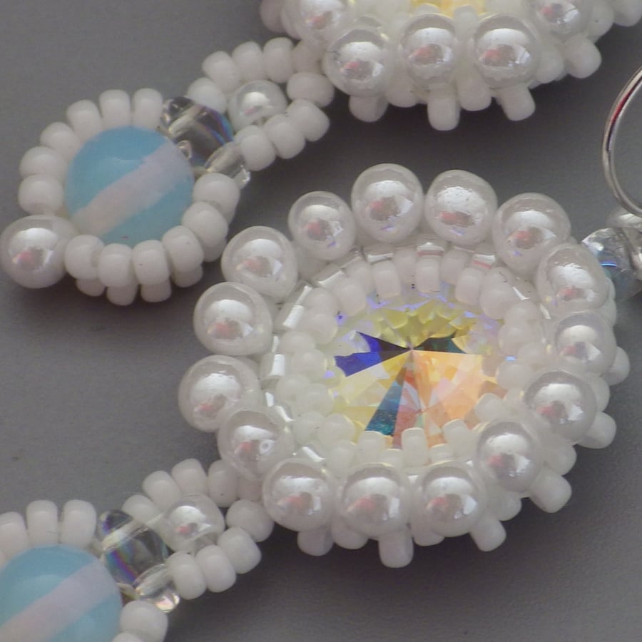 Beadwoven sparkling crystal Swarovski rivoli earrings with moonstone drops