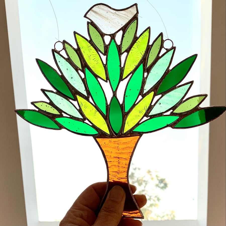 Stained Glass Birdie in a Tree Suncatcher . Handmade Window Decoration 