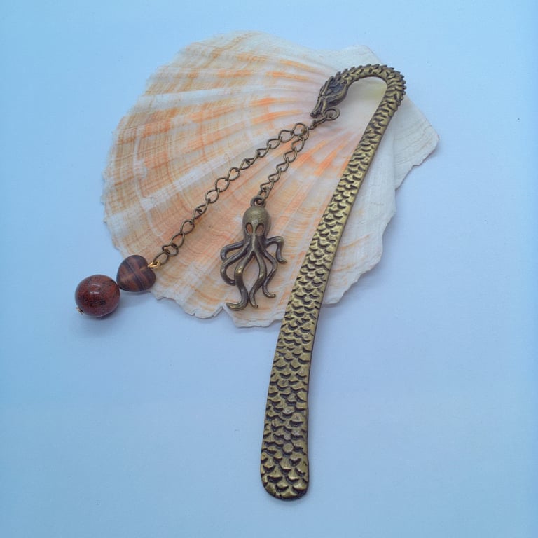 Dragon Bookmark With Jasper Beads and Bronze Octopus Charm, Book Lovers Gift
