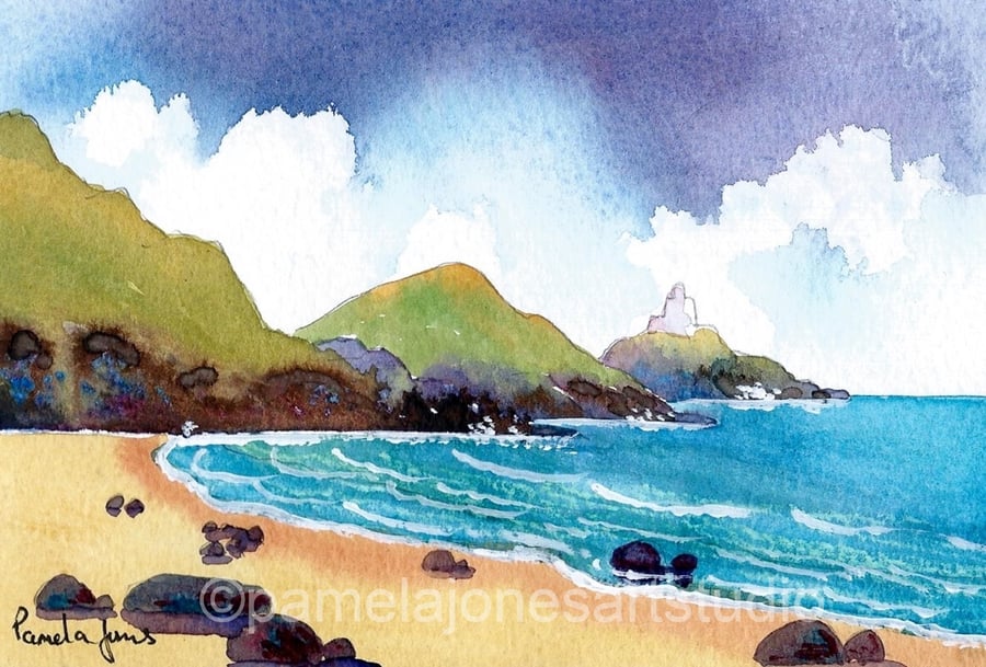 Mumbles Print,  Lighthouse Print, Wales Print, Watercolour Print in 9 x 7 Mount