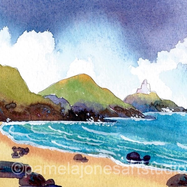 Mumbles Print,  Lighthouse Print, Wales Print, Watercolour Print in 9 x 7 Mount