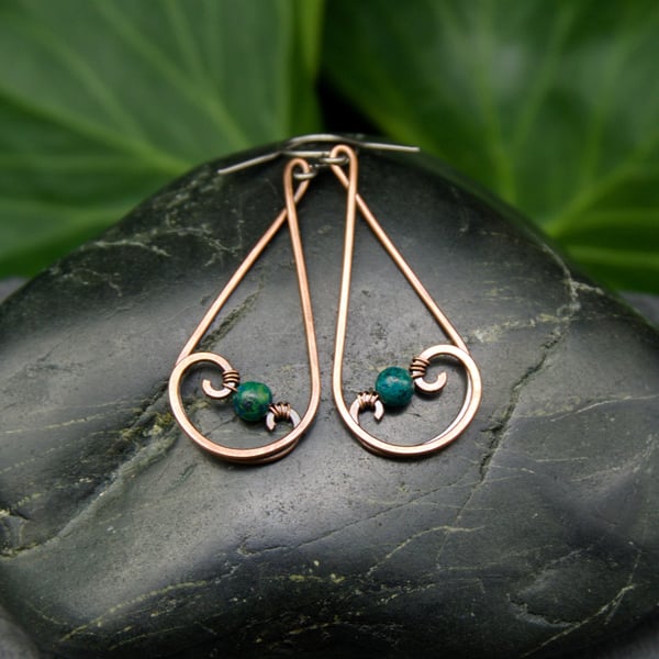 SALE - Hammered Copper Teardrop Swirl Earrings with Chrysocolla Beads