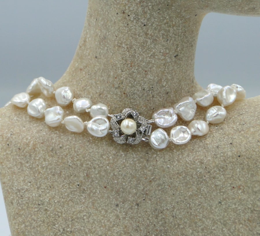 Natural pearl 2 strand necklace with a rare silver crystal clasp  A special gift